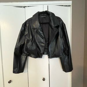 Black Oversized Cropped Faux Leather Jacket